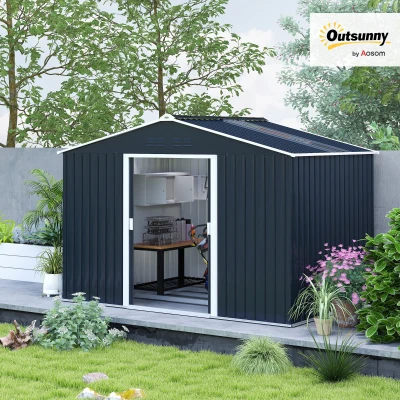 Outsunny Metal Tool Shed with Sliding Doors and Ventilation Windows, 277 x 195 x 192 cm, Dark Gray