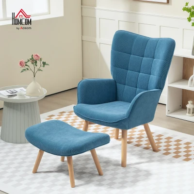 HOMCOM Accent Chair with Ottoman, Recliner in Corduroy Look, Armchair with Wooden Legs, for Living Room, Blue