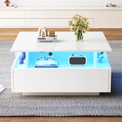 Modern LED Coffee Table with Storage and Bluetooth Control, White