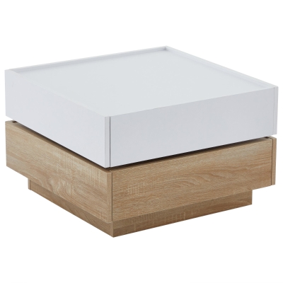 Square Rotating Coffee Table with 2 Drawers and Swivel Top, White+Oak
