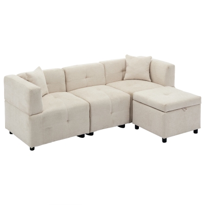 L-Shaped Sectional Sofa with Removable Storage Ottoman and 2 Pillows, Beige