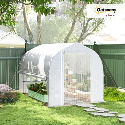 Outsunny 3 x 2 x 2 m Polytunnel Greenhouse with Roll-Up Side Walls, UV-Resistant Plastic Cover, and Steel Frame, White