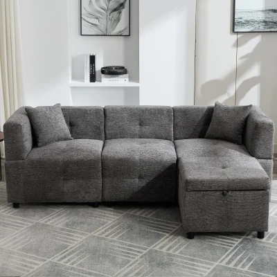 L-Shaped Sectional Sofa with Removable Storage Ottoman and 2 Pillows, Grey