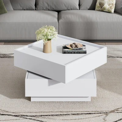 Square Rotating Coffee Table with 2 Drawers, White