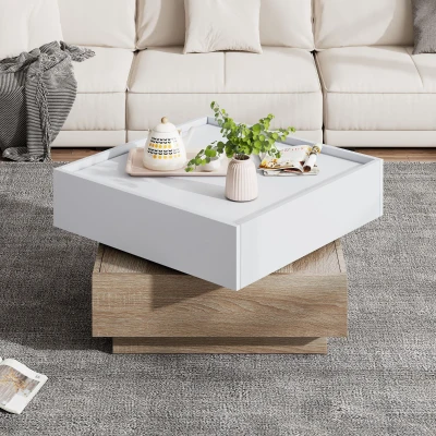 Square Rotating Coffee Table with 2 Drawers and Swivel Top, White+Oak