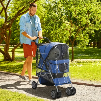PawHut Poussette pour animaux de compagnie, pliable, avec 1 panier, 2 porte-gobelets, 75 cm x 45 cm x 97 cm, Bleu