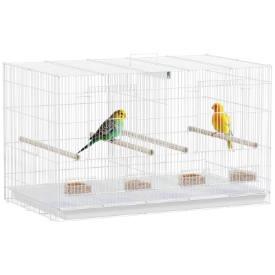 PawHut Jaula para Pájaros con Divisor 4 Comederos 4 Perchas Bandeja Extraíble para Loros Canarios Periquitos 76x46x46 cm Blanco