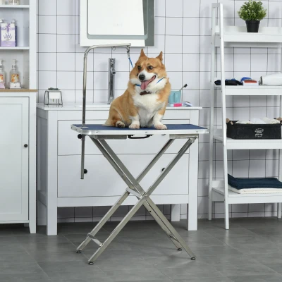 PawHut Mesa de Peluquería para Mascotas con Encimera Antideslizante Patas Plegables Asa y Brazo 72x45x74-81 cm Azul