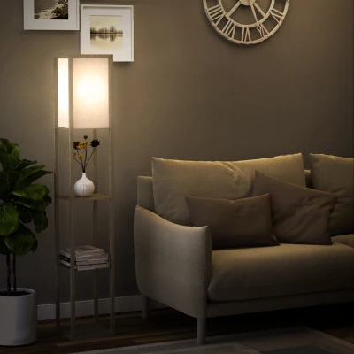 HOMCOM 3-Tier Floor Lamp Oak 160cm with Storage Shelf