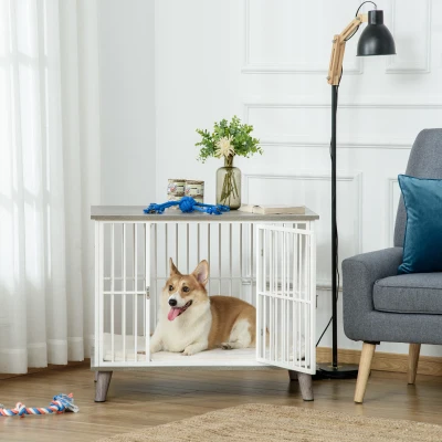 PawHut Cage pour chien moyens animaux avec coussin amovible lavable porte verrouillable avec loquet acier panneaux de particules blanc chêne gris