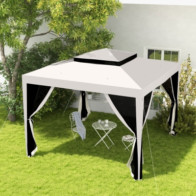 Outsunny Pérgola de Jardim com 4 Mosquiteiras Teto Duplo 8 Orifícios de Drenagem e Estrutura de Metal 297x297x268 cm Creme