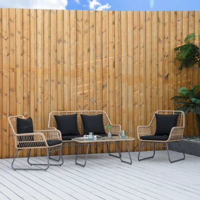 Outsunny Salon Jardin Résine 4Pcs Table Verre Noir