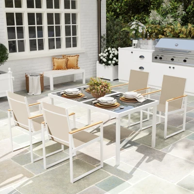 Outsunny Set Tavolo da Giardino in Vetro e 4 Sedie con Braccioli