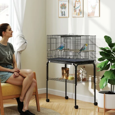 PawHut Jaula para Pájaros con Divisor Comederos Bandeja Extraíble y Soporte para Canarios y Periquitos 94x57x57/128 cm Negro