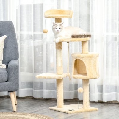 PawHut Árvore de gato com plataformas Cabines Bolas de jogo bege 40x40x114cm