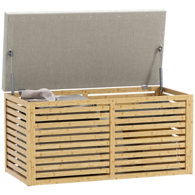 HOMCOM Baú de Arrumação para Dormitório 122L Estofado em Linho Sintético com Almofada Estrutura de Bambu 90x42x43 cm Cinza e Madeira
