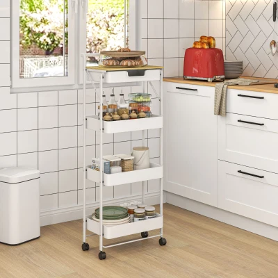 HOMCOM Carrinho Auxiliar com Rodas de 4 Níveis Carrinho de Cozinha com 1 Gaveta e 3 Cestos Carrinho Organizador 45x29,5x117,5 cm Branco