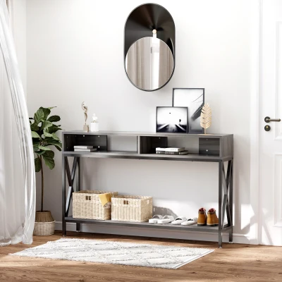 HOMCOM Console Industrielle Bois Gris Multi-rangements