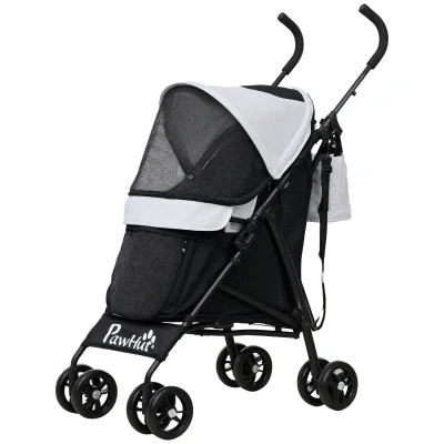 PawHut Poussette chien poussette pour chien 4 roues structure parapluie légère pliable sac de rangement charge 4 kg gris clair