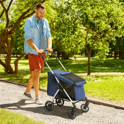 PawHut Hondenwagen, Licht en Opvouwbaar Transportmiddel voor Kleine Honden, Wasbaar Kussen, Netvensters, Donkerblauw