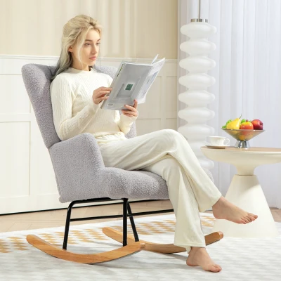 HOMCOM Poltrona Baloiço em Borrego Poltrona para Amamentação com Encosto Capitonê e Base de Madeira 65x88x87 cm Cinza Claro