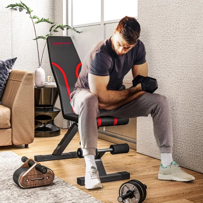 SPORTNOW Banco de Musculación Ajustable Plegable con Respaldo y Asiento Regulables Estructura de Acero y Rodillos para Piernas