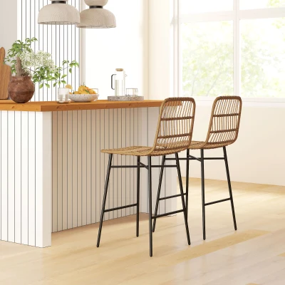HOMCOM Conjunto de 2 Taburetes Altos de Cocina Taburetes de Bar con Respaldo y Asiento de Ratán para Bar Cocina Comedor Marrón