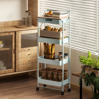HOMCOM Carrinho Auxiliar com Rodas de 4 Níveis Carrinho de Cozinha com 1 Gaveta e 3 Cestos Carrinho Organizador 45x29,5x117,5 cm Verde