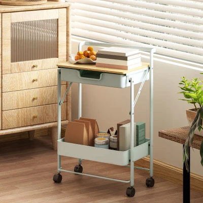 HOMCOM Carrinho Auxiliar com Rodas de 2 Níveis Carrinho de Cozinha com 1 Gaveta e 1 Cesto Carrinho Organizador 45x29,5x68 cm Verde Claro
