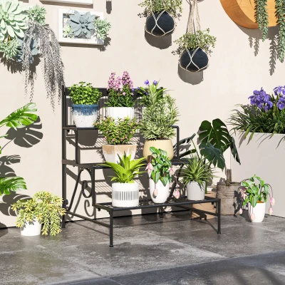 Outsunny Suporte para Plantas de 3 Níveis com Desenho em Escada Suporte para Vasos de Plantas para Interior e Exterior 73x66x85 cm Preto