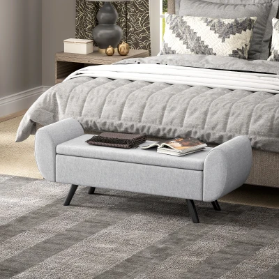 HOMCOM Upholstered Storage Bench Rubberwood Legs Light Grey