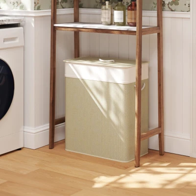 HOMCOM Double Laundry Basket with Lid, 100L Bamboo Laundry Hamper with Rope Handles, Washing Basket with Removable Liner for Bathroom, Bedroom, Cream White