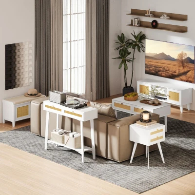 HOMCOM Mesa de Centro Blanca Mesa Baja con 2 Cajones Decorativos de Ratán y Estante de Almacenamiento 100x50x50 cm