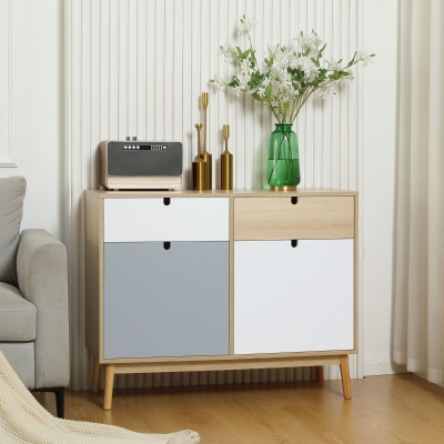 HOMCOM Aparador Auxiliar Móvel de Armazenamento com 2 Armários Fechados e 2 Gavetas Pés Elevados de Madeira de Pinho para Cozinha Dormitório Entrada 100x40x79,5cm Branco Cinza Madeira