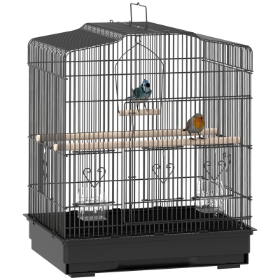 PawHut Gaiola para Pássaros 46,5x36x59 cm Gaiola de Metal para Pássaros com 2 Comedouros 2 Poleiros Baloiço Bandeja Amovível Preto