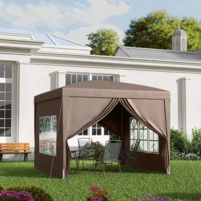 Outsunny 3 x 3 m Pavillon mit 4 Seitenwänden, Fenster, Festzelt mit UV-Schutz, Gartenzelt inkl. Tragetasche, Stahl, Kaffee
