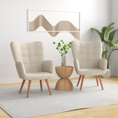 HOMCOM Velvet Tufted Wingback Armchair Set Wood Legs White