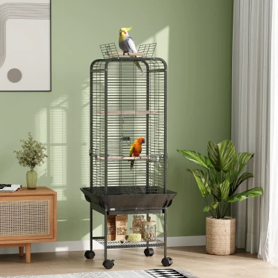 PawHut Gaiola para Pássaros com Rodas Poleiros Comedouros Prateleira e Bandeja Amovível 62,5x62,5x146 cm Cinza Escuro