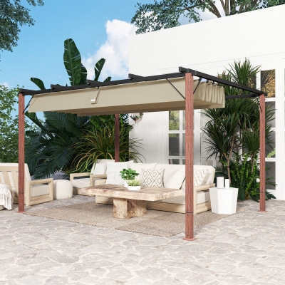 Outsunny Pérgola com Teto Retráti Pérgola de Aluminio 382x300x232 cm com Toldo de Poliéster Anti-UV Pérgola de Jardim Bege e Madeira