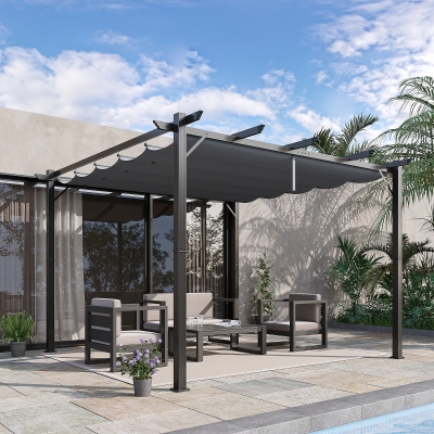 Outsunny Pérgola de Jardim 300x300x223 cm com Toldo de Poliéster Retrátil e Estrutura de Alumínio para Exterior Pátio Cinzento