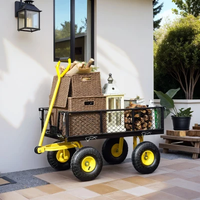 Outsunny Carrinho de Jardim Carga 200 kg com Paineis Laterais Desmontáveis Guiador Giratório 180° e 4 Rodas  de Borracha Preto e Amarelo
