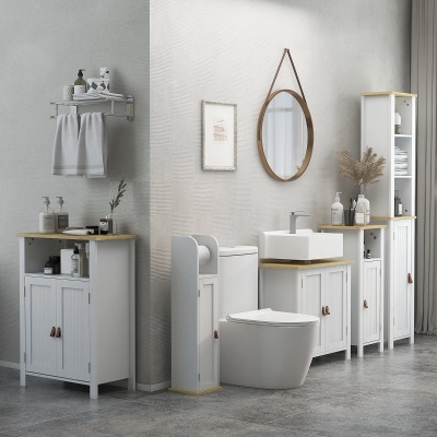 kleankin Meuble SDB Bas Blanc/Naturel Multi-Rangements