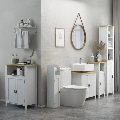 kleankin Meuble SDB Bas Blanc/Naturel Multi-Rangements