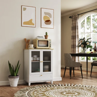 HOMCOM Aparador Sala de Estar com 2 Portas de Vidro Temperado Gaveta e Prateleira Ajustável 68x35x85 cm Branco