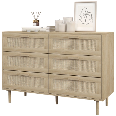 HOMCOM Commode 6 Tiroirs Rotin Aspect Bois Clair