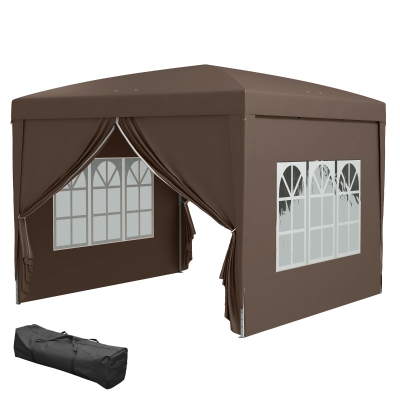 Outsunny 3 x 3 m Pavillon mit 4 Seitenwänden, Fenster, Festzelt mit UV-Schutz, Gartenzelt inkl. Tragetasche, Stahl, Kaffee