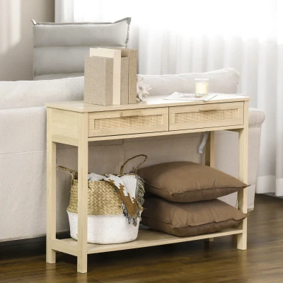 HOMCOM Console Rotin 2 Tiroirs Étagère MDF 100x30x76cm