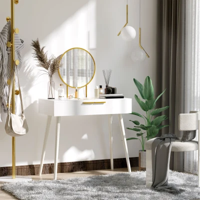 HOMCOM Tavolo Trucco con Specchio e 2 Cassetti in Legno Bianco