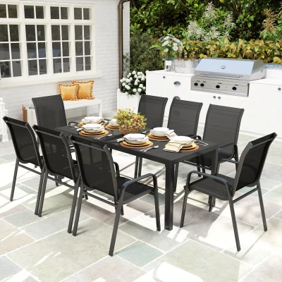 Outsunny 8-Seater Outdoor Dining Set with Glass Top Black