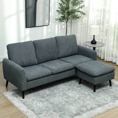 HOMCOM Ecksofa, 3-Sitzer-Sofa mit Fußhocker, Stoffbezug, L-förmiges Couch-Set, Dunkelgrau